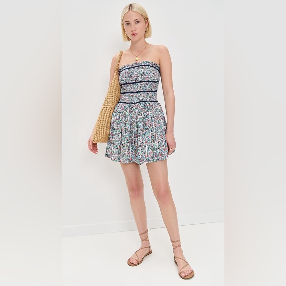 Free People Bali Checked Out Strapless Floral Romper Size Medium Blue Red NWOT